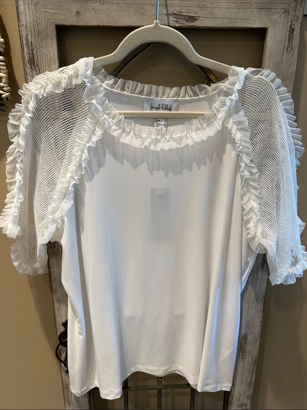 Joseph Ribkoff White Ruffle Mesh-Sleeve Top